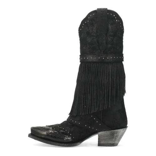 Black Dan Post Bed of Roses boots. Snip toe, high shaft with fringe. Floral embossed leather upper with studs. Metallic sole and slight heel. Western style.