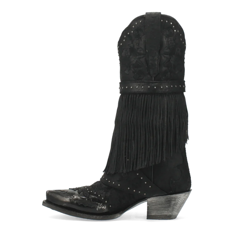 Black Dan Post Bed of Roses boots. Snip toe, high shaft with fringe. Floral embossed leather upper with studs. Metallic sole and slight heel. Western style.