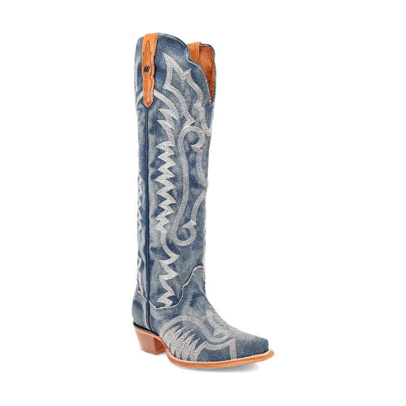 Dan Post Women's Denim Darlin boots: Tall denim design with white embroidery. Snip toe, brown leather upper, and a contrasting lighter sole.