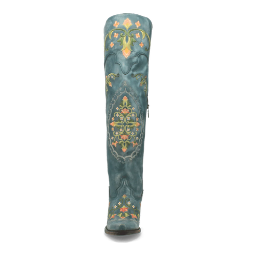 Dan Post Flower Child women's tall leather boots. Turquoise leather with floral embroidery in orange, yellow, and green. Snip toe design with decorative pattern on shaft and base.