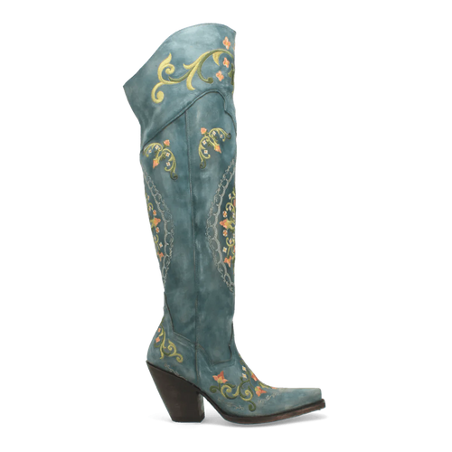 Dan Post Flower Child boots: Women's snip toe leather boots. Turquoise leather, tall shaft, slight heel. Intricate yellow & coral floral embroidery.