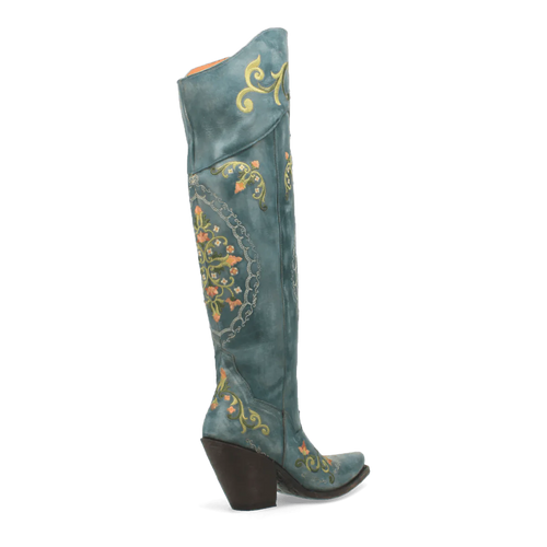 Dan Post Flower Child women's tall boots. Turquoise leather with floral embroidery (yellow, orange, green). Snip toe, block heel, smooth finish with a slight sheen.