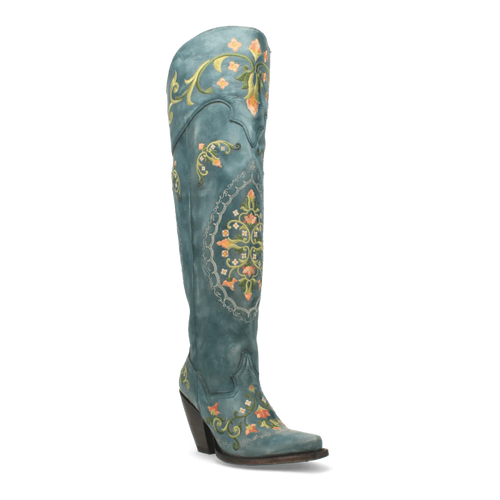 Dan Post Women's Flower Child boots: turquoise leather, snip toe, tall. Floral embroidery (orange, green) adorns the shaft and foot. Slightly raised heel.
