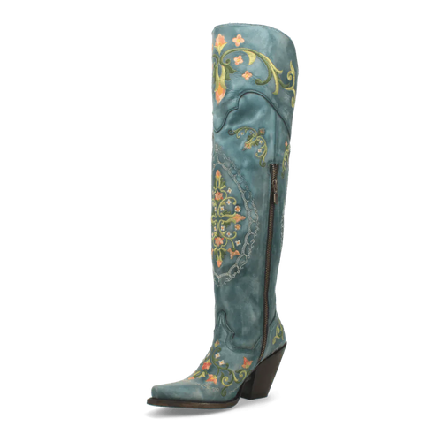 Dan Post Flower Child boots: Turquoise leather tall boots with floral embroidery. Snip toe, wedge heel, and side zipper. Western-contemporary design blend.