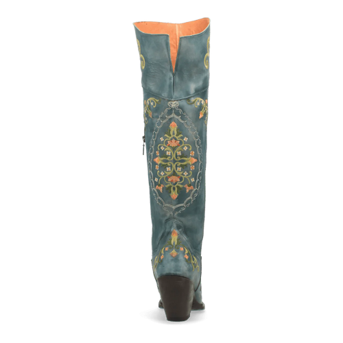 Dan Post Flower Child boots: Turquoise leather with floral embroidery. Snip toe, tall profile. Slight V-cut top. Stacked brown heel. Spacious shaft.