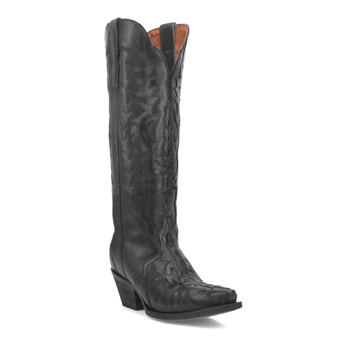 Dan Post Hallie women's tall boots. Black leather with snip toe and intricate stitching. Pointed toe, slight heel, structured silhouette. Tan interior lining visible at top.