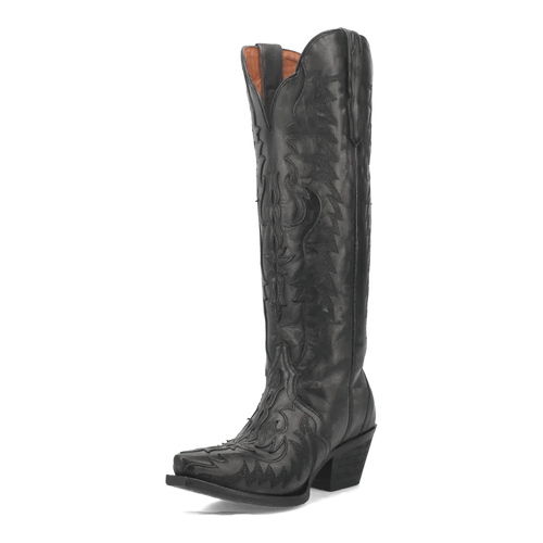 Black Dan Post Hallie boots with embossed Western pattern. Snip toe, slightly raised heel, and tan interior lining. Structured, tall silhouette.