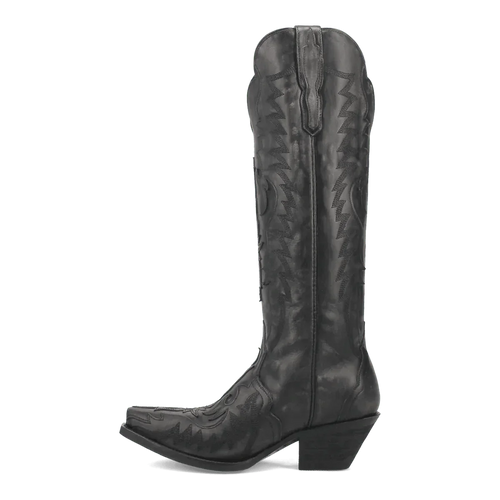 Dan Post Hallie women's tall boots in black leather. Snip toe, embossed shaft design, slight heel, and zipper closure for easy wear.
