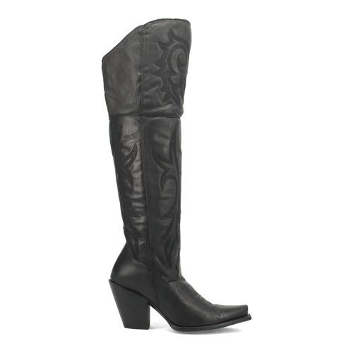 Dan Post Jilted women's tall boots: Black leather, embossed floral patterns, snip toe, and chunky heel. Fitted shaft, tapered toe design.