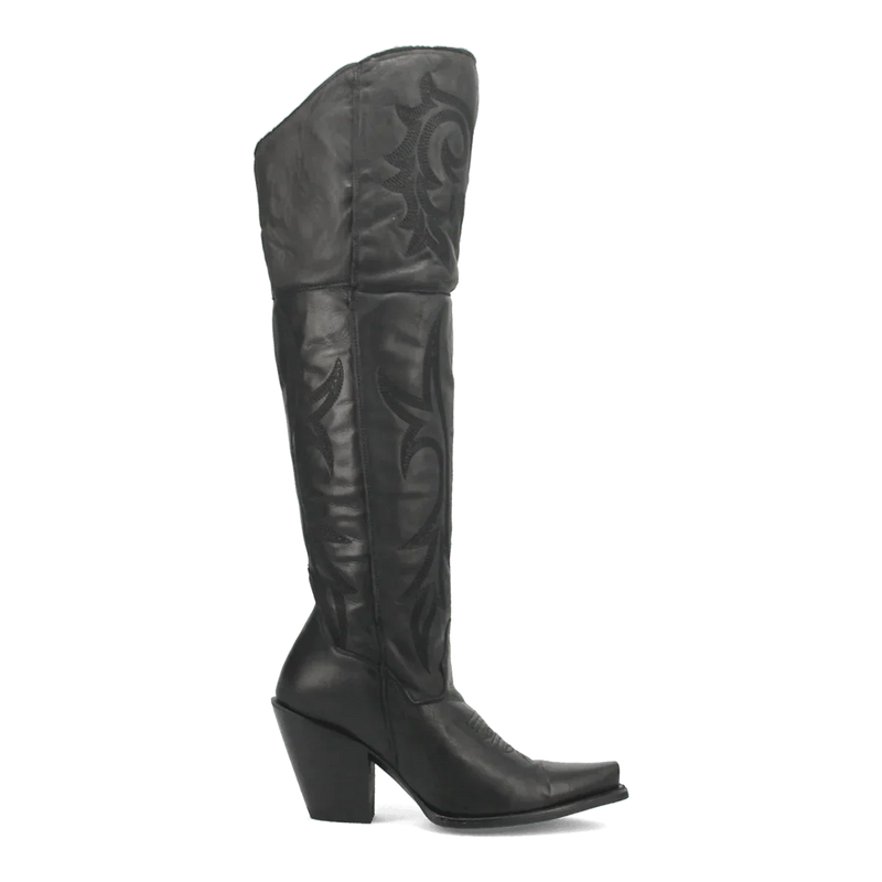Dan Post Jilted women's tall boots: Black leather, embossed floral patterns, snip toe, and chunky heel. Fitted shaft, tapered toe design.
