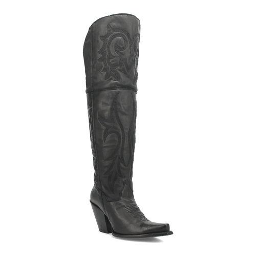 Dan Post Jilted women's black leather tall boots. Snip toe, fitted upper, pronounced heel, and decorative stitching. A stylish and comfortable choice.