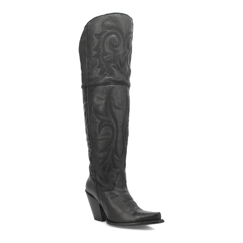 Dan Post Jilted women's black leather tall boots. Snip toe, fitted upper, pronounced heel, and decorative stitching. A stylish and comfortable choice.