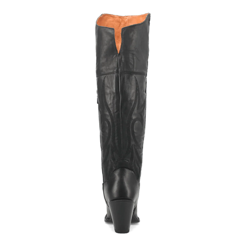 Dan Post Women's Jilted Snip Toe boots in black leather. Tall shaft with decorative stitching. Features a shaped heel, and tan lining.