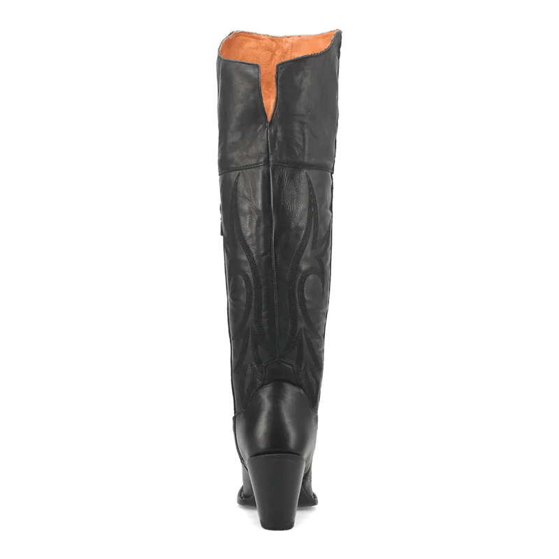 Dan Post Women's Jilted Snip Toe boots in black leather. Tall shaft with decorative stitching. Features a shaped heel, and tan lining.