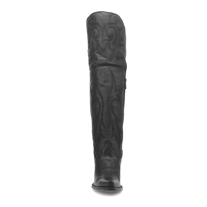 Dan Post Jilted snip toe women's tall boots. Black leather, fitted silhouette, intricate stitching. Low block heel. Long, narrow design extends above the calf.