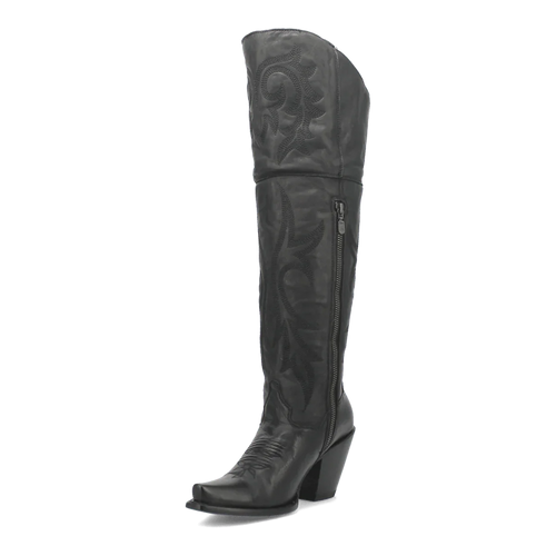 Dan Post women's Jilted tall boots in black leather. Snip toe, side zip. Decorative stitching, pointed toe, and wedge heel for a refined, sleek look.