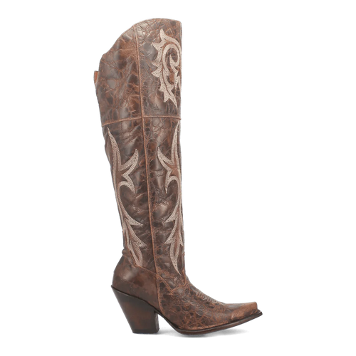 Dan Post women's Jilted tall boots: Brown leather, textured finish, snip toe, block heel. Tall shaft with floral stitching.