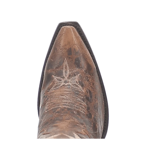 Dan Post Jilted snip toe women's tall boots in brown leather. Pointed toe, textured finish, and star-patterned decorative stitching on the upper.