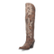 Dan Post women's Jilted Snip Toe boots: Tall, brown leather with a fitted design. Features textured finish, floral stitching, side zipper, and snip toe. Block heel for added height.
