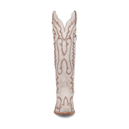 Dan Post Josie women's tall leather boots. White, snip-toe design with a tall shaft and intricate contrasting stitching. Features a slight heel, smooth sole, and scalloped top edge.