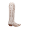 Dan Post Josie snip toe tall boots: white leather with tan stitching. Fitted shape, snip toe, and modest heel. Angular patterns enhance the design, providing both style and stability.