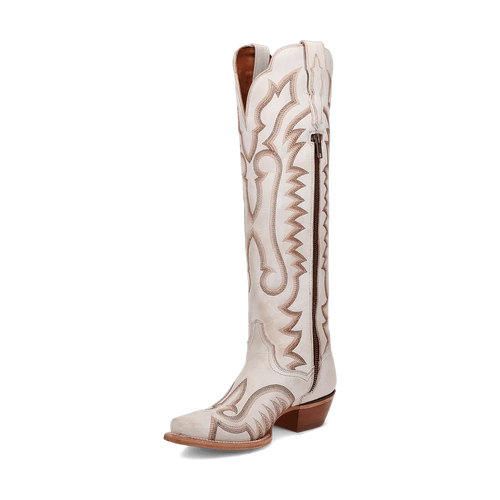Dan Post Josie women's tall leather boots. White with tan decorative stitching, snip toe, and stacked heel. Features a smooth exterior and side zipper detail.