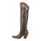 Chocolate-brown Dan Post Kommotion boots for women. Tall leather design with snip toe and decorative stitching. Features a side zipper and stacked wood heel.