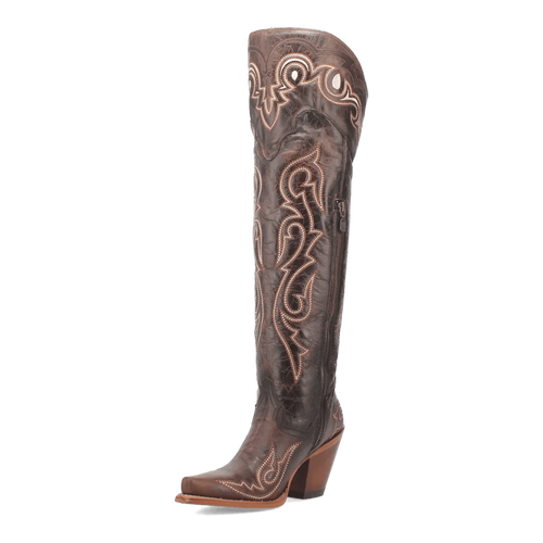 Dan Post Kommotion tall boots for women. Chocolate brown leather, snip toe, western stitching, and stacked heel. Side zipper for easy wear, sleek silhouette.