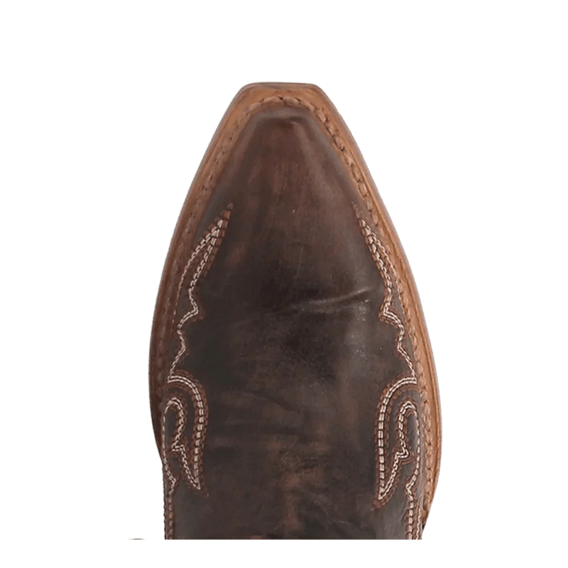 Dan Post Kommotion Snip Toe tall boots. Women's leather boots with a rich chocolate brown upper, contrasting lighter trim, and decorative stitching. Pointed snip toe design.
