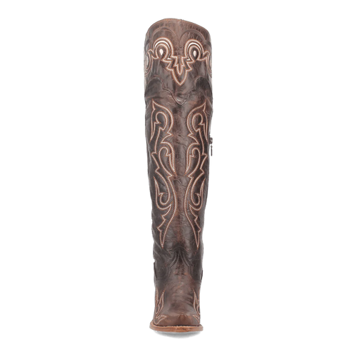 Dan Post Kommotion tall boots: Women's chocolate brown leather boots with a snip toe. Slim design, intricate stitching, and decorative shaft details.