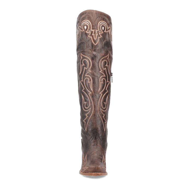 Dan Post Kommotion tall boots: Women's chocolate brown leather boots with a snip toe. Slim design, intricate stitching, and decorative shaft details.