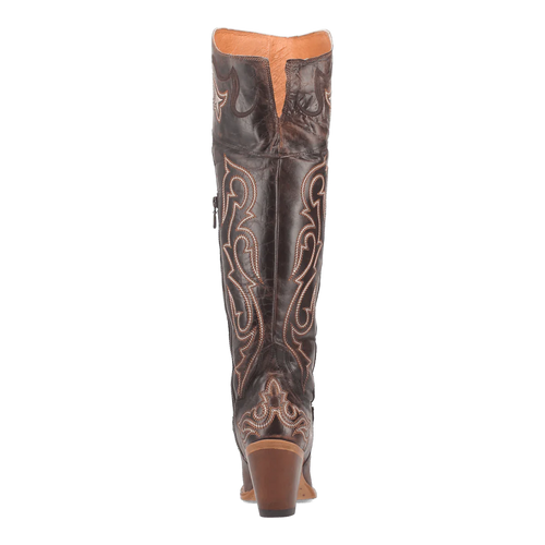 Dan Post Kommotion tall boots for women. Dark chocolate leather, snip toe, and contrasting stitching. Slightly elevated heel and V-notched top. Stylish and durable design.