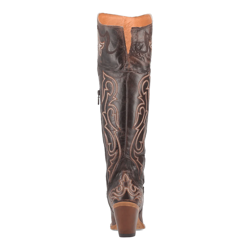 Dan Post Kommotion tall boots for women. Dark chocolate leather, snip toe, and contrasting stitching. Slightly elevated heel and V-notched top. Stylish and durable design.