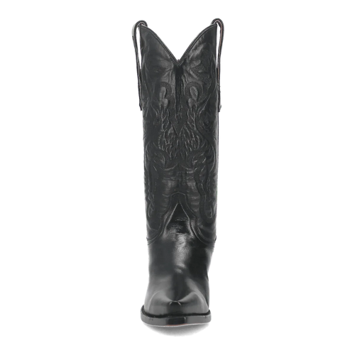 Dan Post Women's Maria boots. Black leather, snip toe, decorative stitched shaft. Smooth finish, tall, slightly flared top.