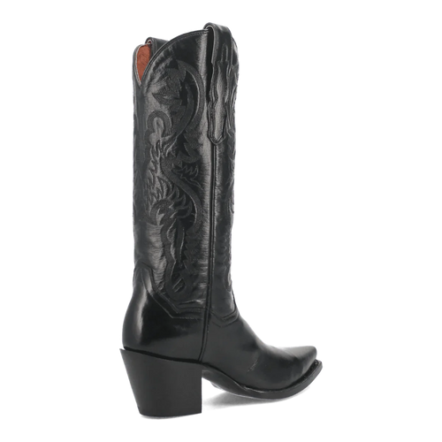 Dan Post Women's Maria boots. Black leather, snip toe, and a tall shaft with embossed designs. Structured shape with a block heel. Contrasting soft inner lining.