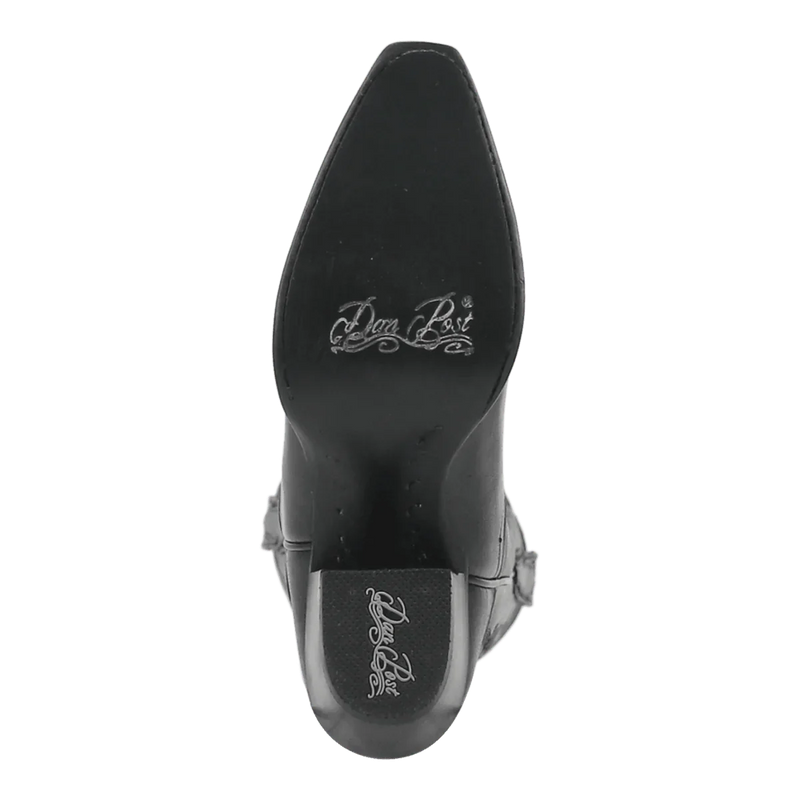 Dan Post Women's Maria boots: Black leather, snip toe, stacked heel. Rounded outsole with branding. Stylish and classic design.