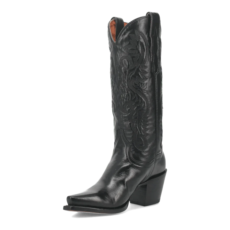 Dan Post Maria Snip Toe boots for women. Black leather with floral embossed design, tall shaft, pointed toe, and flared heel. Shiny finish.