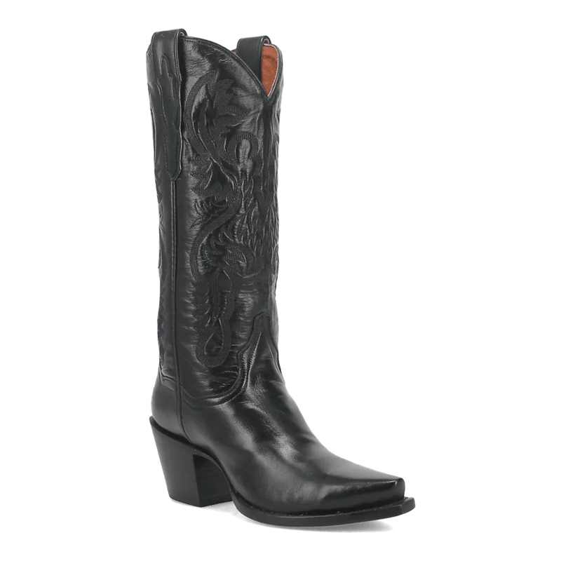 Dan Post Maria boots: Black leather, snip toe, detailed stitching on the shaft. Slightly elevated, sturdy heel.