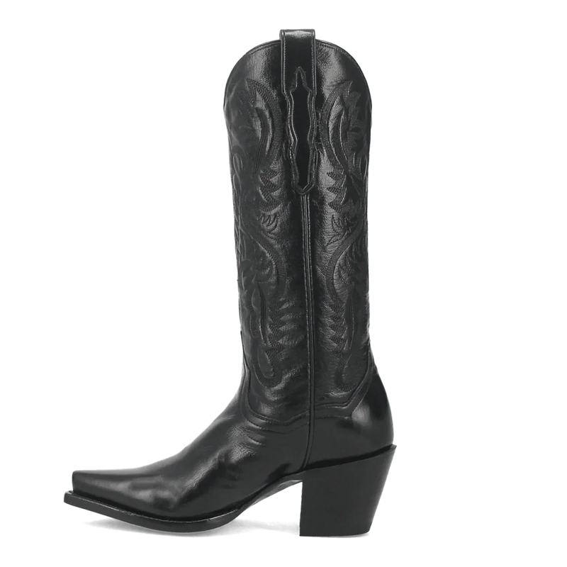 Dan Post Women's Maria boots: Black leather, snip toe, and a sleek design. Intricate raised patterns on the shaft and a slightly curved heel. Smooth texture, leather construction.