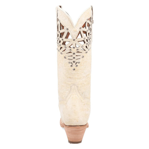 Dan Post Women's Miley Snip Toe boots in bone feature textured beige leather, a snip toe, and a decorative cut-out shaft with studs. Stacked heel offers contrast.