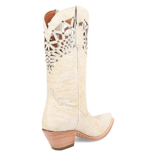 Dan Post women's Miley boots in bone. Tall, structured shaft with geometric cut-out. Light, textured leather, snip toe, low stacked heel. Decorative stitching. Lined interior.