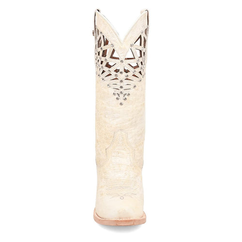 Dan Post Women's Miley boots: Tall, bone leather with snip toe & cut-out details. Geometric shaft design & metallic accents. Stacked heel. Stylish & structured.