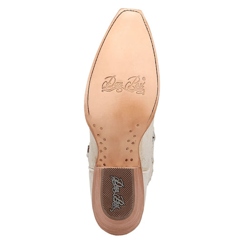 Dan Post Miley snip toe boots. Women's light bone leather upper with snip toe. Natural leather outsole with engraved branding and perforations. Slightly lifted heel.