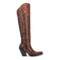 Dan Post Seductress boots in chestnut. Tall, structured leather with intricate stitching. Snip toe, block heel, fitted opening. Rich, warm color.