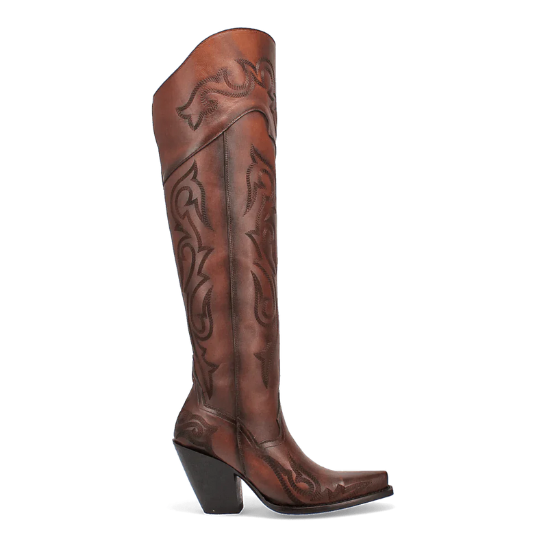 Dan Post Seductress boots in chestnut. Tall, structured leather with intricate stitching. Snip toe, block heel, fitted opening. Rich, warm color.