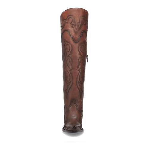 Dan Post Seductress women's tall boots in chestnut leather. Embossed floral patterns, snip toe, and black rubber sole. Stylish and durable.