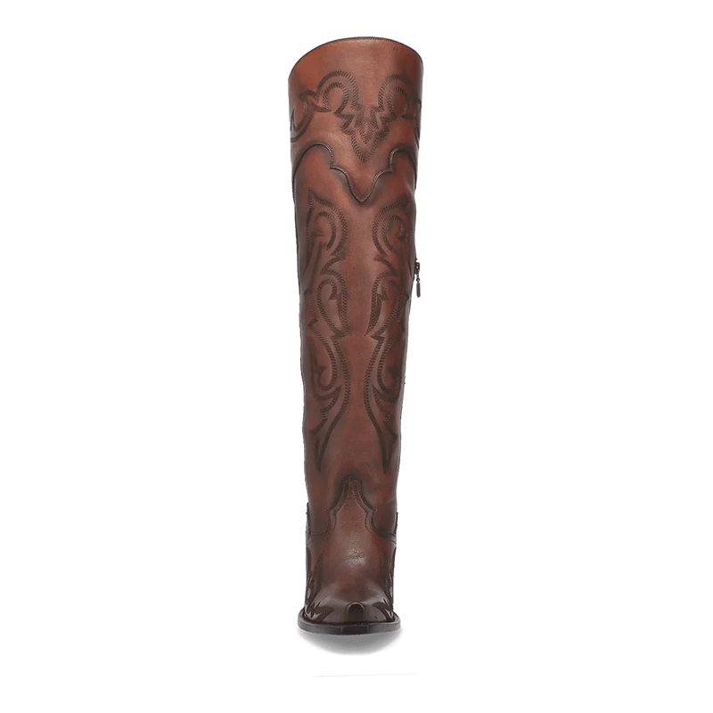 Dan Post Seductress women's tall boots in chestnut leather. Embossed floral patterns, snip toe, and black rubber sole. Stylish and durable.