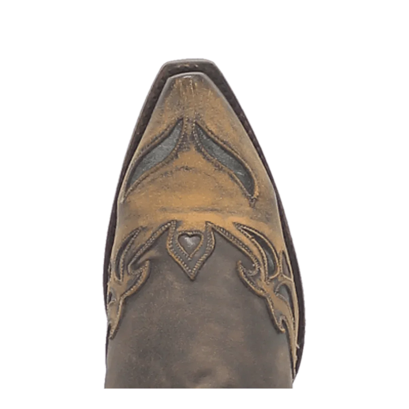 Dan Post women's vintage bluebird boots with a snip toe and chocolate brown distressed leather upper. Features heart/leaf stitching and a sturdy, contrasting sole.