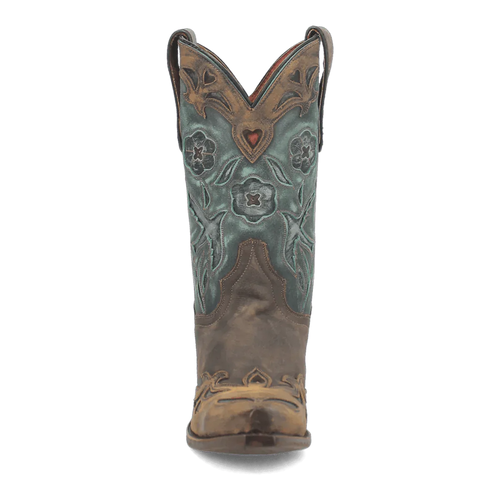 Dan Post Women's Vintage Bluebird boots. Tall shaft with peaked top. Textured blue upper with floral patterns, chocolate-brown leather base and snip toe.