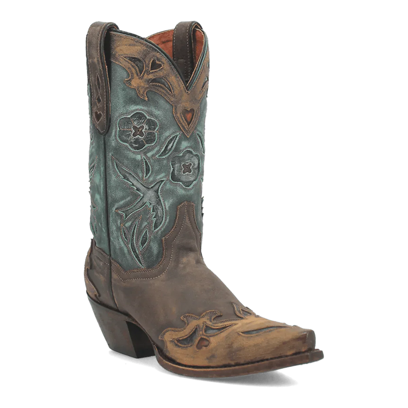 Dan Post women's boots: Vintage brown leather with turquoise upper. Snip toe, stacked heel. Embossed floral and whimsical patterns on the shaft.